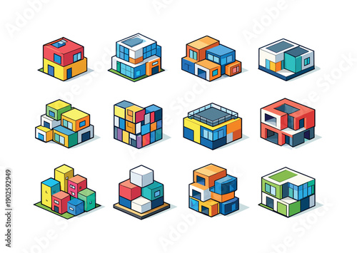 Cubic architecture. Colorful isometric vector icons set of Cubic architecture: cube house, modern cubic building, box style office, minimal
