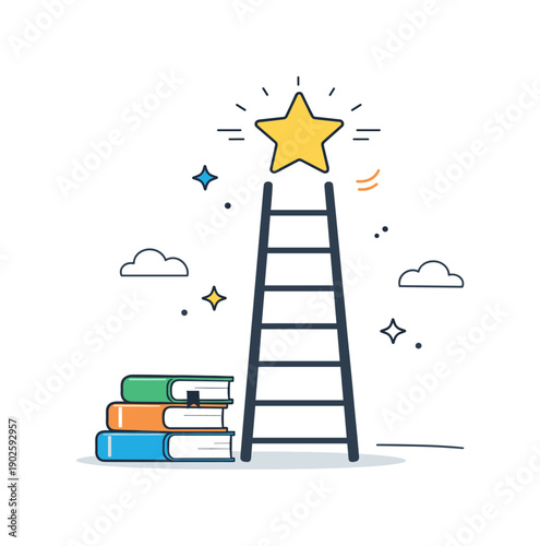 Academic goals. A simple ladder leading to a star icon, with books at the base. The scene symbolizes ambition, long-term learning goals, and