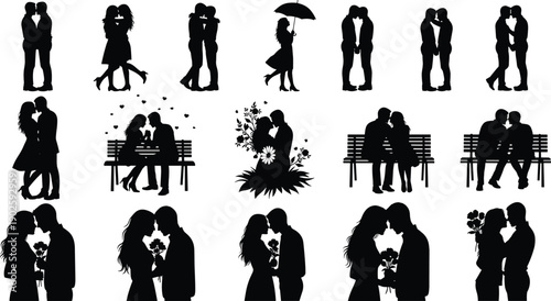Romantic Couple Silhouettes Set for Valentine’s Day Featuring Lovers Kissing, Hugging, Sitting on Bench, and Holding Flowers for Wedding Invitations.