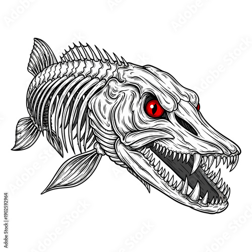 Pike skeleton fish with red eyes in vintage tattoo style illustration isolated on white background