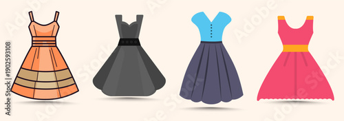 Set of vector images of women's summer dresses in flat design
