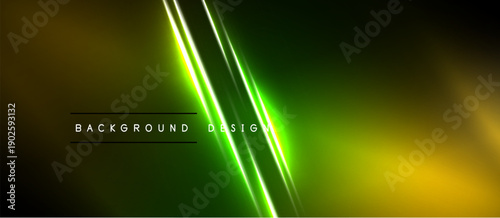 Abstract neon lines over dark gradient background. Vivid green streaks intersect yellow hues. Modern design element for digital projects.