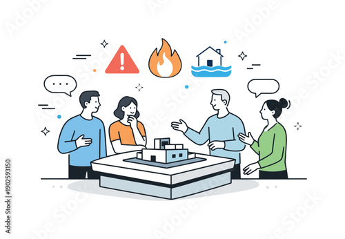 Collective risk. A group of people standing around a shared structure with warning icons appearing above it, calmly discussing next steps.
