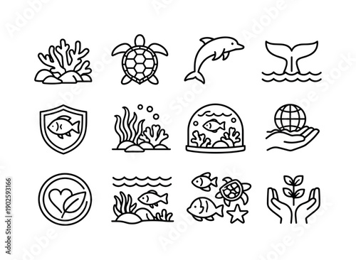 Marine Conservation. Line icon set of Marine Conservation: coral reef, sea turtle, dolphin, whale tail, protected fish, marine plants,