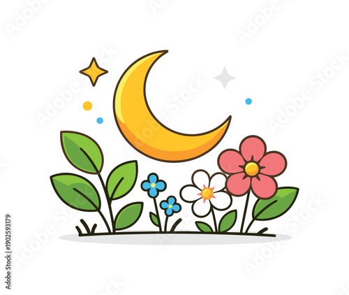 Ramadan spring concept a crescent moon rising above gentle spring elements like leaves and soft blossoms, expressing spiritual calm, renewal,