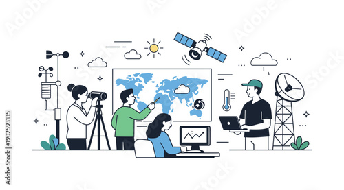 Global weather monitoring. People working with satellites, maps, and weather stations represented in a simplified editorial style. The