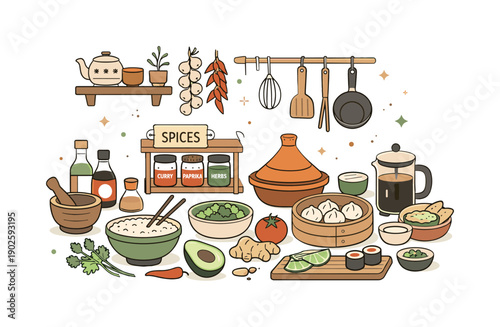 Cultural fusion home kitchen. A cozy home kitchen scene with diverse spices, vegetables, and utensils from different cuisines arranged