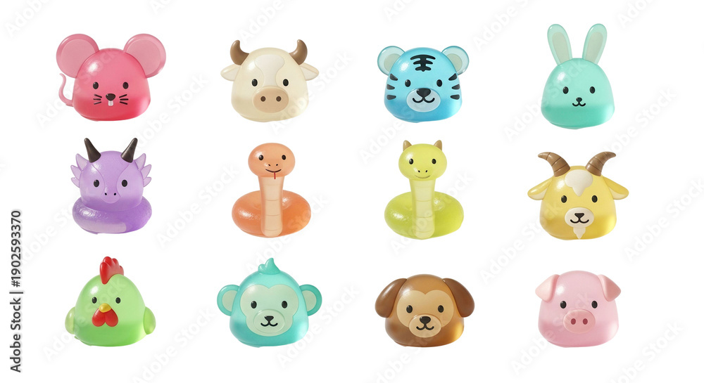 Fototapeta premium Vibrant Glossy Cartoon Animal Heads Including Pig Cow Tiger Bunny Unicorn Chick Elephant Dog isolated on a transparent background