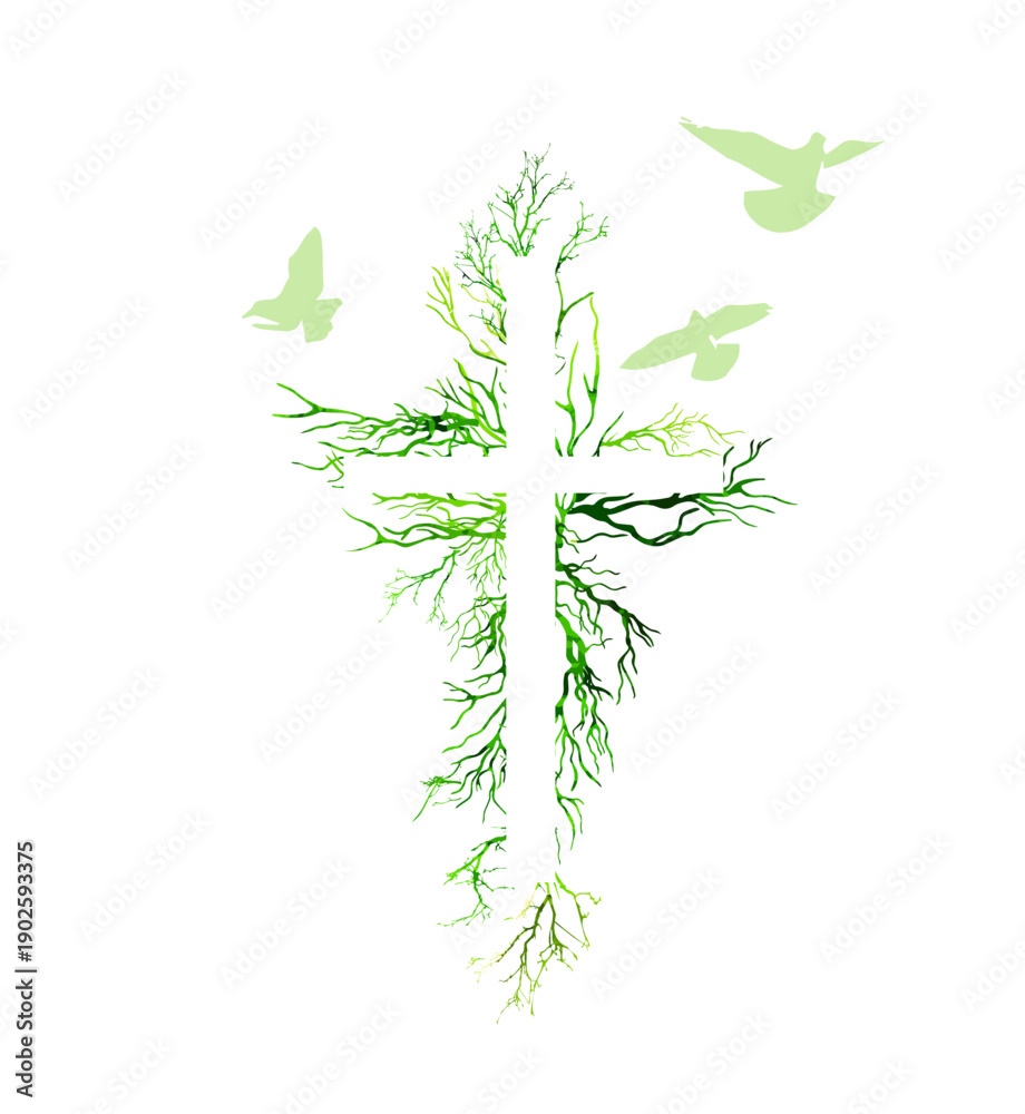 Obraz premium Religious cross made from tree branches with flying birds. Hand drawn. Not AI, vector illustration