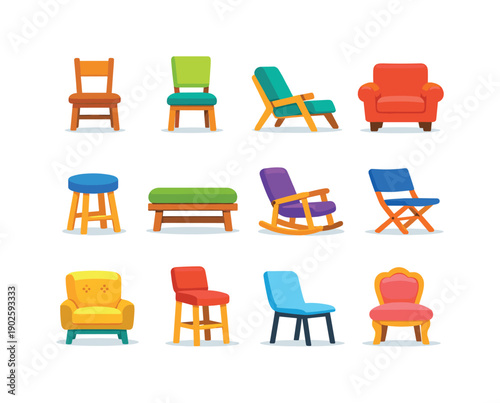 Home Seating. Colorful flat vector icons set of Home Seating: wooden chair, dining chair, lounge chair, armchair, stool, bench, rocking