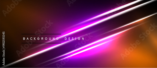 Vibrant abstract background. Diagonal neon lines intersect over orange, purple gradients. Modern design element for digital projects.
