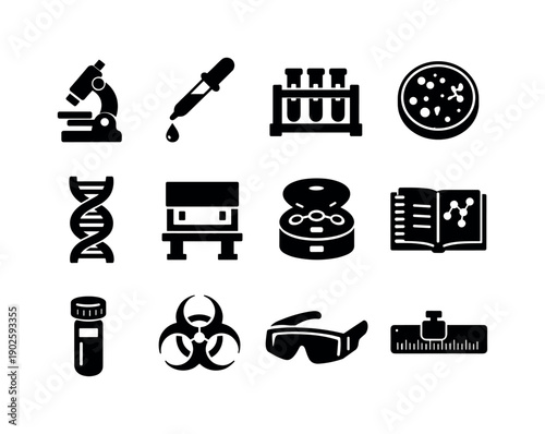Food Biotechnology Lab. Solid icon set of Food Biotechnology Lab: lab microscope, pipette drop, test tube rack, petri dish colony, dna