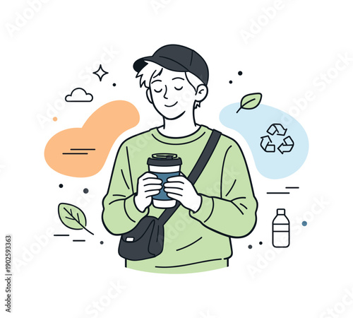 Holding reusable cups. A person standing casually while holding a reusable coffee cup with both hands, relaxed posture and calm expression.