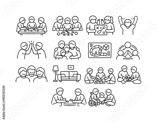 Family bonding games. Line icon set of Family bonding games: togetherness around table, cooperative game play, shared strategy moment,