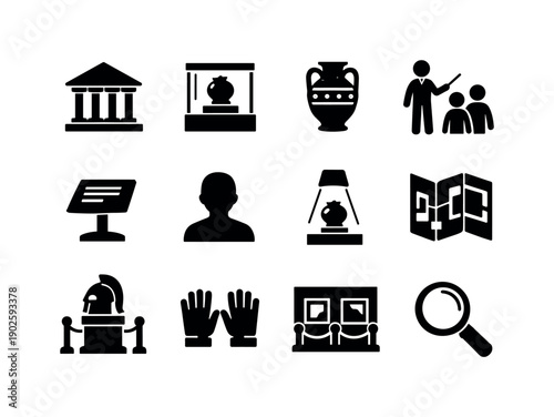 Museum Exploration. Solid icon set of Museum Exploration: museum building, exhibit display case, ancient artifact, guided tour, information