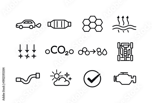 Catalytic Converter. Line icon set of Catalytic Converter: car exhaust, catalytic converter device, honeycomb structure, emission gases,