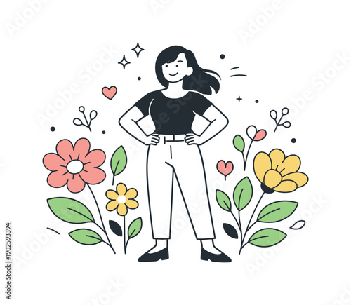 Springtime female empowerment. A woman standing confidently surrounded by blooming flowers and leaves, calm strength and optimism conveyed