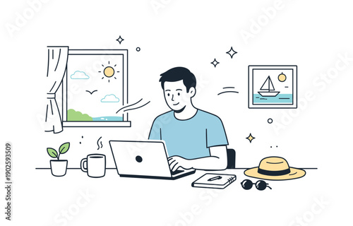 Quiet work during summer holidays. Professional working calmly on a laptop while the surroundings feel empty and peaceful, summer light