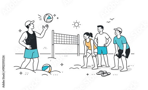 Casual beach volleyball games. A friendly serve about to happen, player tossing the ball gently while others wait. Calm action and