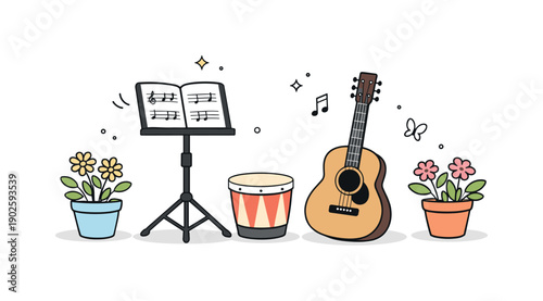Spring Street Performance. Outdoor spring concert visual. Music stand, small drum, guitar, and decorative potted flowers arranged in street performance layout.