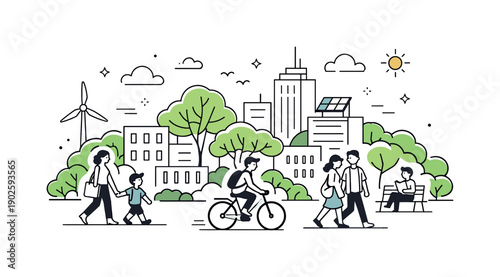 Eco renewal city. A clean cityscape with trees growing between buildings and people walking peacefully. Harmony between urban life and