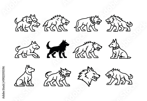 Mythical dog creature. Line icon set of Mythical dog creature: cerberus outline, wolf-like monster, giant hound, beast dog hybrid, myth
