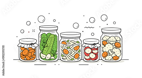 Vegetable fermentation. Glass jars filled with vegetables and liquid, neatly arranged for fermenting. Healthy homemade food, simplicity, calm