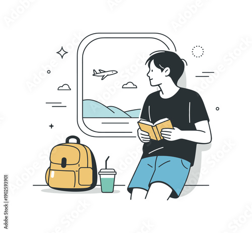 Summer travel downtime. A person leans against a window, looking outside while holding a small notebook. Thoughtful pause capturing stillness