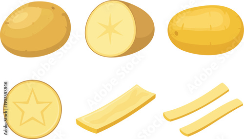 A cartoon illustration of potatoes in different stages of preparation.
