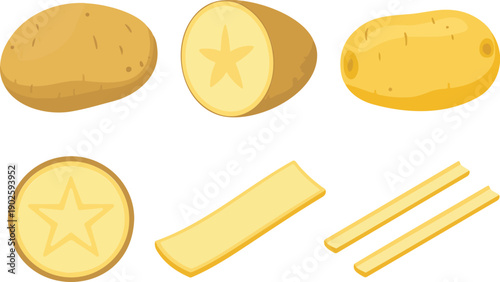 A cartoon illustration of potatoes in different stages of preparation.