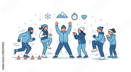 Community winter workout. People running short drills or jumping in place, breath visible in cold air. Strength, encouragement, and shared