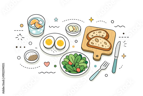 Brunch flat lay essentials. Overhead view of a minimal brunch spread with boiled eggs, greens, artisan bread, and lemon water, abstract dots