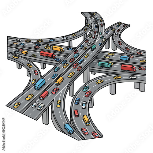 Multi Level Highway Interchange with Trucks.