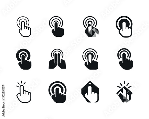 Touchscreen interface. Icon set. Set Logo of Touchscreen interface: finger tapping screen. harmonious logo variations of the same emblematic