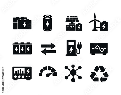 Developments in renewable energy storage systems. Solid icon set of Developments in renewable energy storage systems: battery pack, lithium