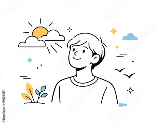 Seasonal Optimism. Human reactions to seasonal change. A person smiling slightly while sunlight breaks through clouds, casting warmer tones on the scene.