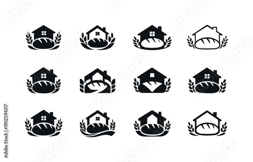 Making sourdough bread at home. Icon set. Set Logo of Making sourdough bread at home: homemade bakery symbol. harmonious logo variations of