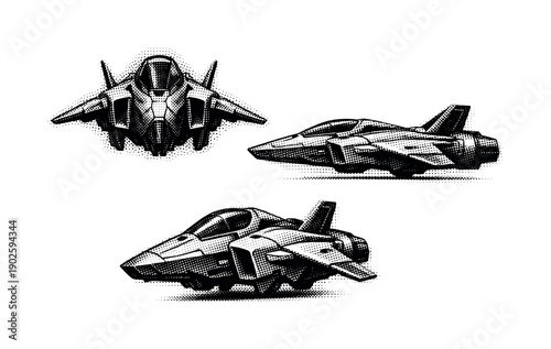 Futuristic spaceship icon described as a single sci-fi vehicle object shown in three views: front view, side view, and three-quarter view