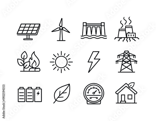 Renewable Energy. Line icon set of Renewable Energy: solar panel, wind turbine, hydro dam, geothermal plant, biomass energy, sun, lightning
