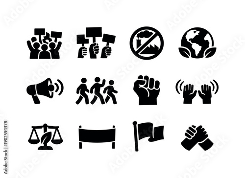 Eco Protest. Solid icon set of Eco Protest: protest crowd, raised signs, stop pollution sign, save earth poster, megaphone protest, marching