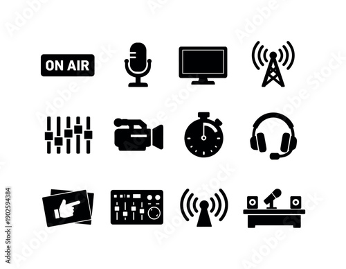 Live broadcast commentary. Solid icon set of Live broadcast commentary: on air sign, microphone, studio monitor, broadcast tower, sound