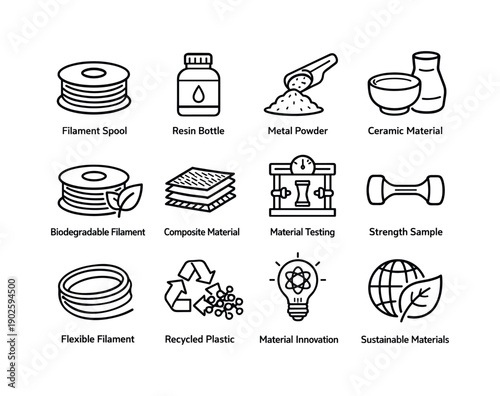 3D Printing Materials. Line icon set of 3D Printing Materials: filament spool, resin bottle, metal powder, ceramic material, biodegradable