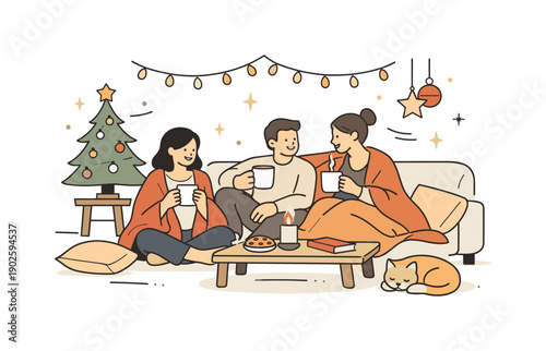 Holiday warmth. A cozy winter interior with people sitting together, warm lights, blankets, and simple festive decorations. Calm atmosphere
