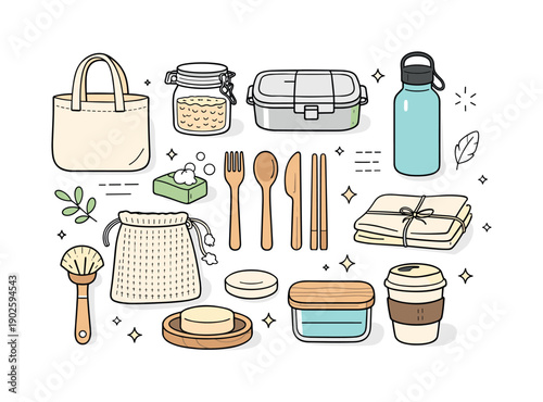 Zero waste lifestyle flat lay. Reusable containers, bamboo utensils, and natural textures arranged in a clean overhead scene. Calm