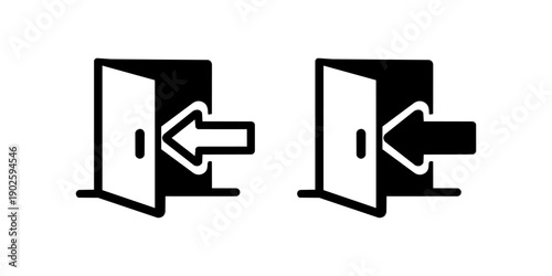 Exit door icon set with arrow, black minimal logout and navigation symbols isolated on white background