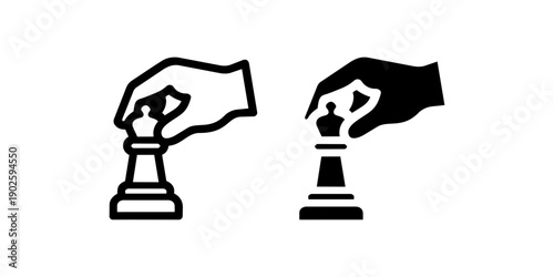Strategic move icon set with hand and chess piece, black minimal business strategy and decision symbols isolated on white background