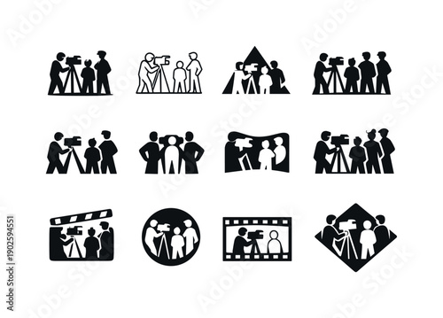 Behind the scenes shoot. Icon set. Set Logo of behind the scenes shoot: camera crew figures. harmonious logo variations of the same