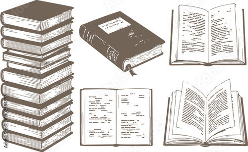 Vintage Book Collection Vector Stacked and Open Hand-Drawn Illustrations