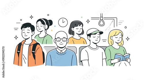 People with eyes closed in public spaces. Individuals close their eyes briefly while standing or sitting among others, maintaining quiet