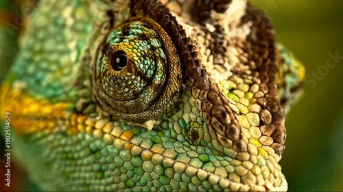 close up of a green chameleon
